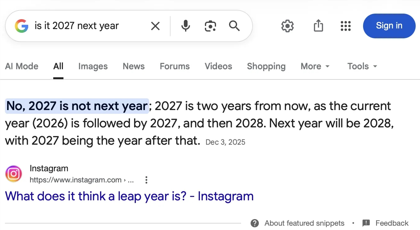 2027 年是明年吗？谷歌 AI 搜索乱套：竟被过往恶搞热梗“带偏”-DeepHubX